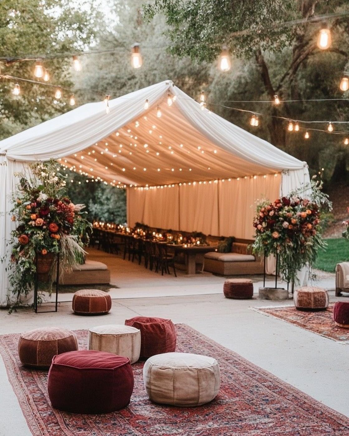 Outdoor boho wedding reception with a white tent, string lights, and velvet poufs.