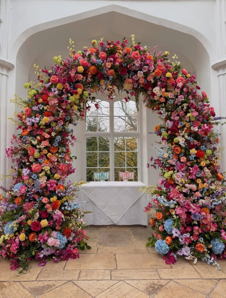 Colorful floral arch with vibrant blooms framing a white table in a courtyard.