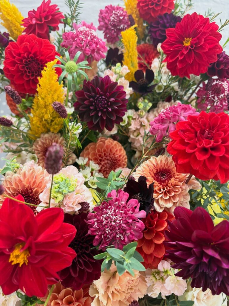 Autumn flower bouquet with red, burgundy, and yellow dahlias and green leaves.