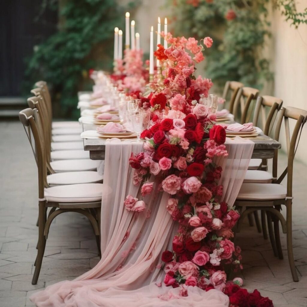 Pink and red rose floral runner on a wedding table with white candles.