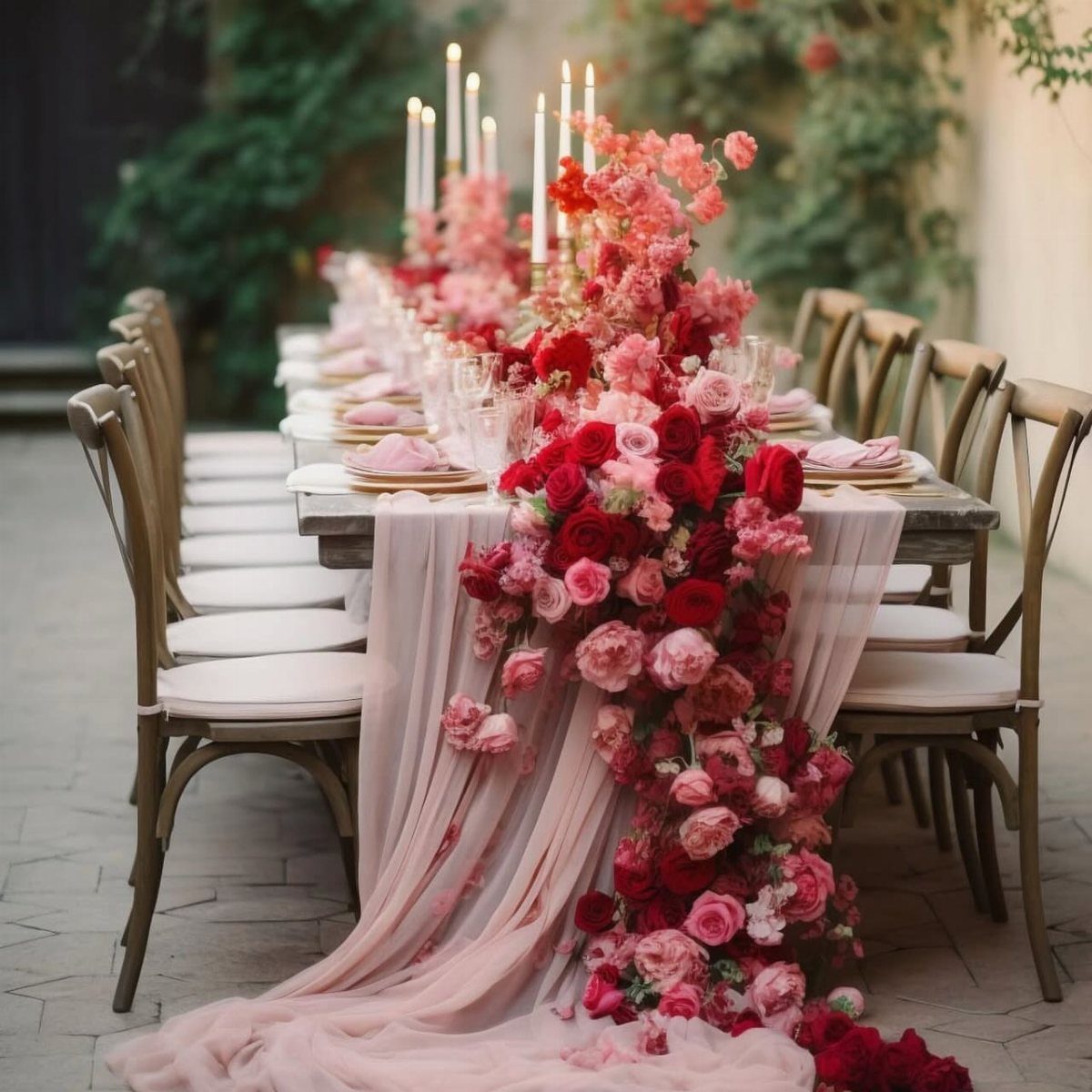 Pink and red rose floral runner on a wedding table with white candles.