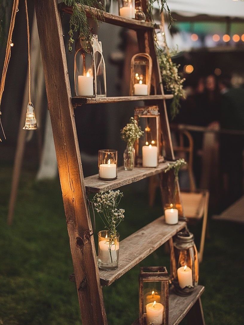 Wooden ladder decorated with glowing candles and white flowers for rustic wedding decor.