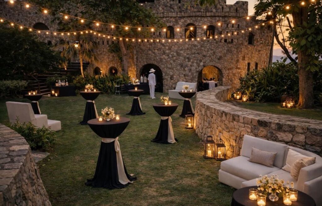 Outdoor cocktail reception setup with black high-top tables and white sofas near a stone castle.