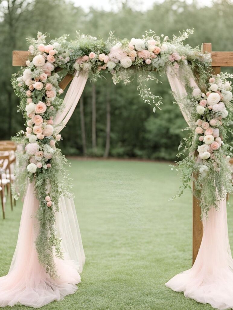 Wooden wedding arch adorned with dusty rose flowers, sage greenery, and pink fabric.