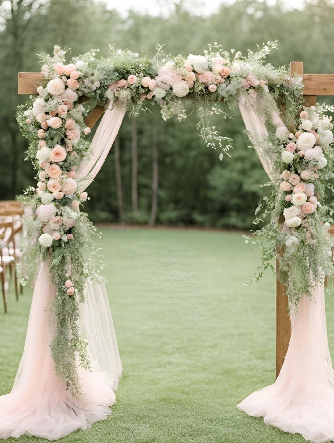 Wooden wedding arch adorned with dusty rose flowers, sage greenery, and pink fabric.