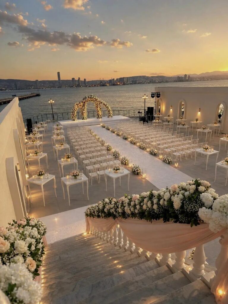 Elegant outdoor wedding ceremony setup with white chairs and floral arch at sunset.