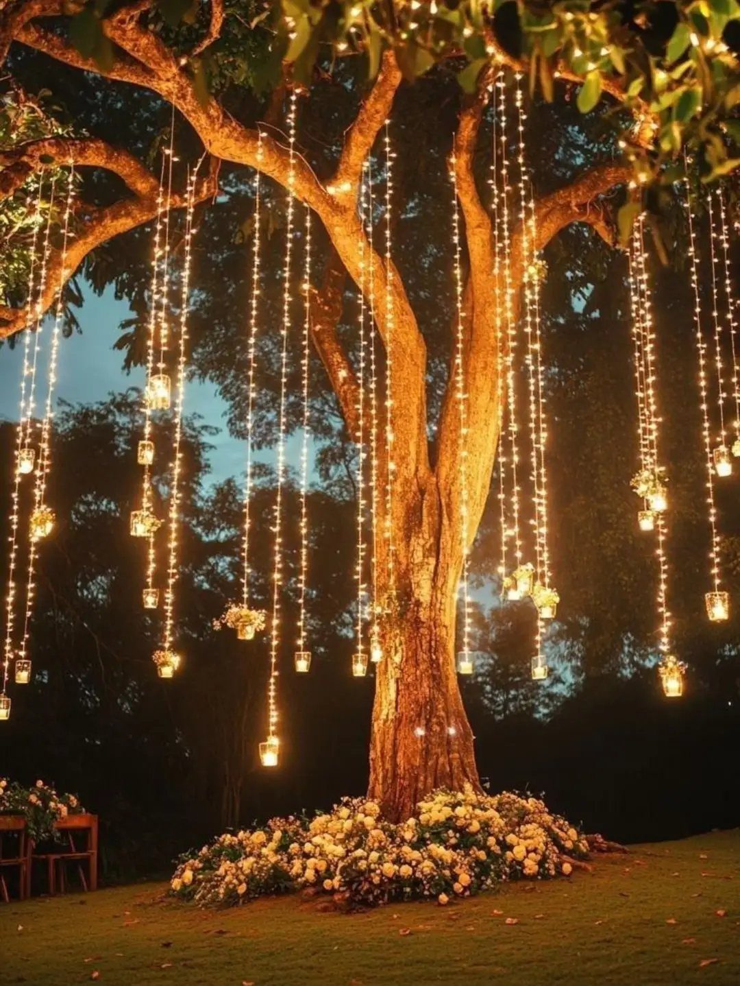 Large tree decorated with hanging fairy lights and lanterns above white floral arrangements