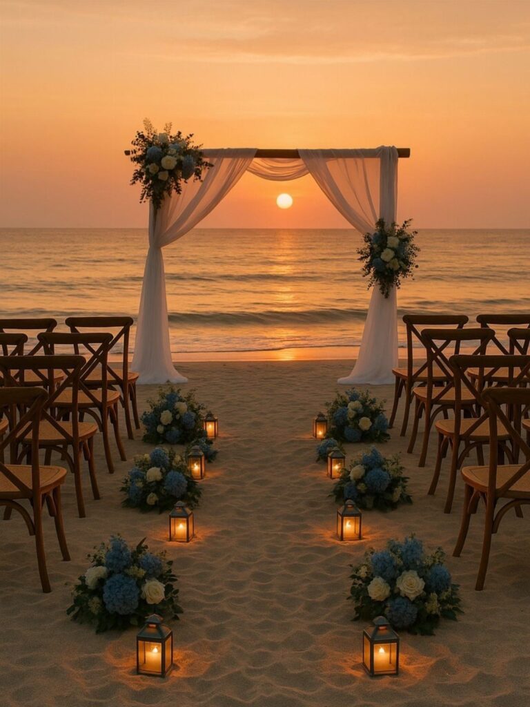 Beach wedding ceremony setup with white draped arch, blue flowers, and lanterns at sunset.