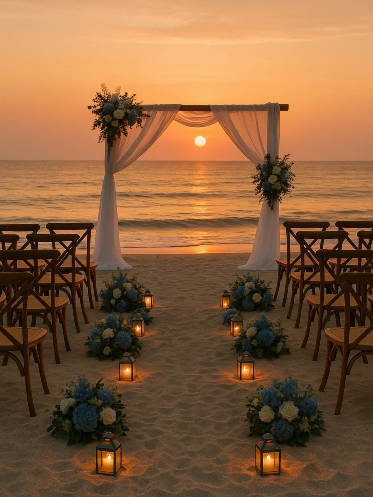 Beach wedding ceremony setup with white draped arch, blue flowers, and lanterns at sunset.