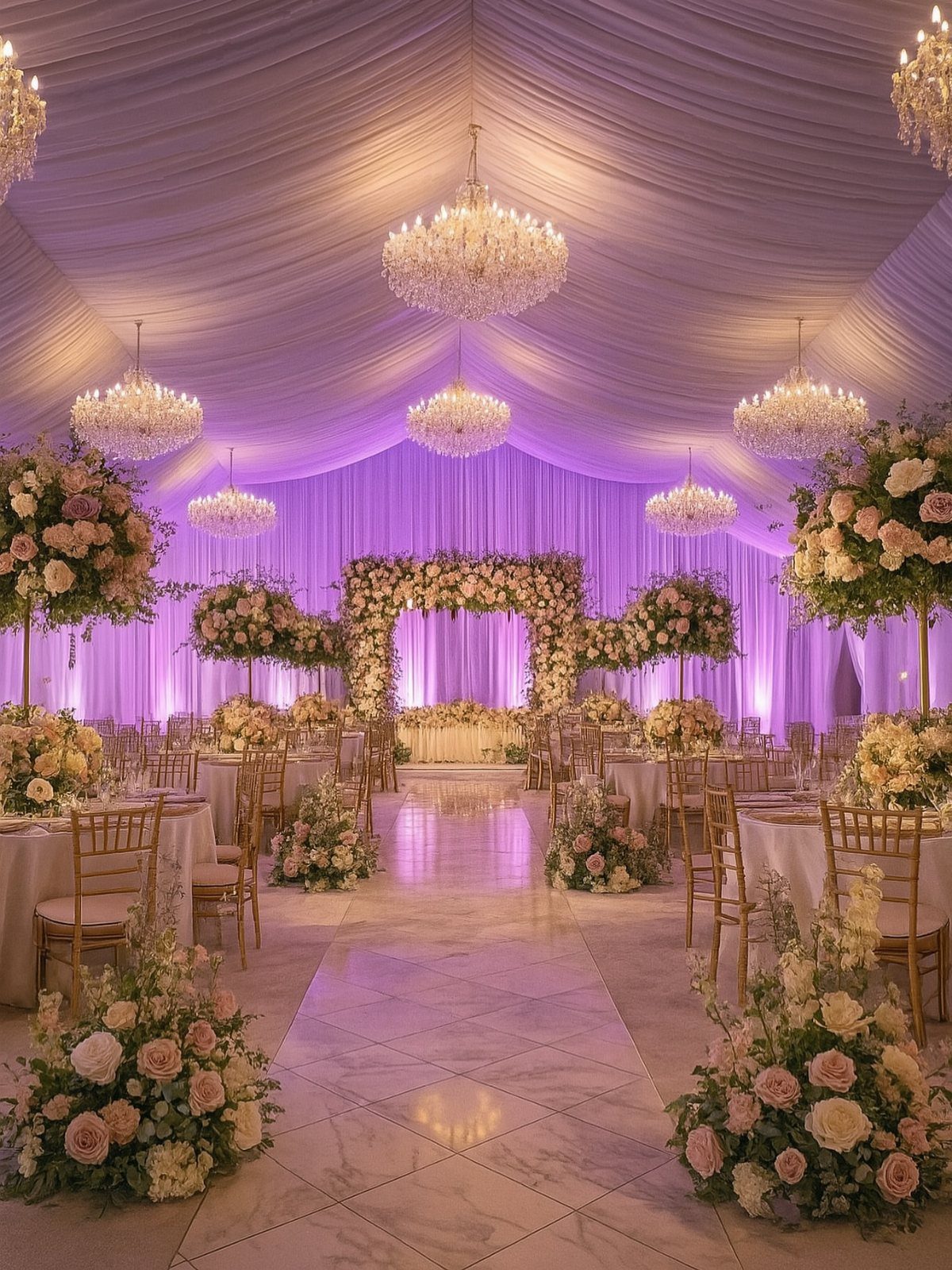 Lavish wedding hall with crystal chandeliers, purple lighting, and abundant pink rose arrangements.