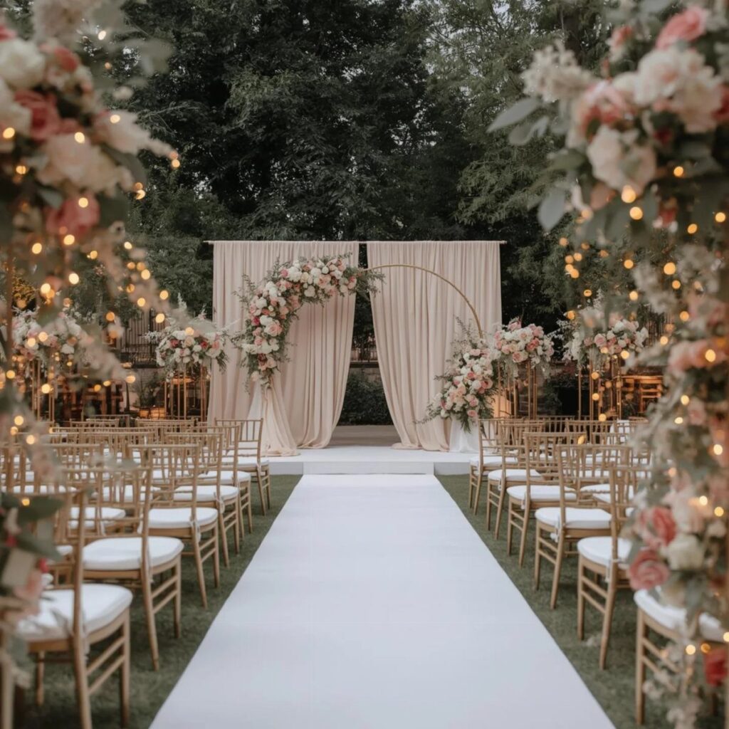 Outdoor wedding ceremony setup with gold chairs, white aisle, and floral arches.