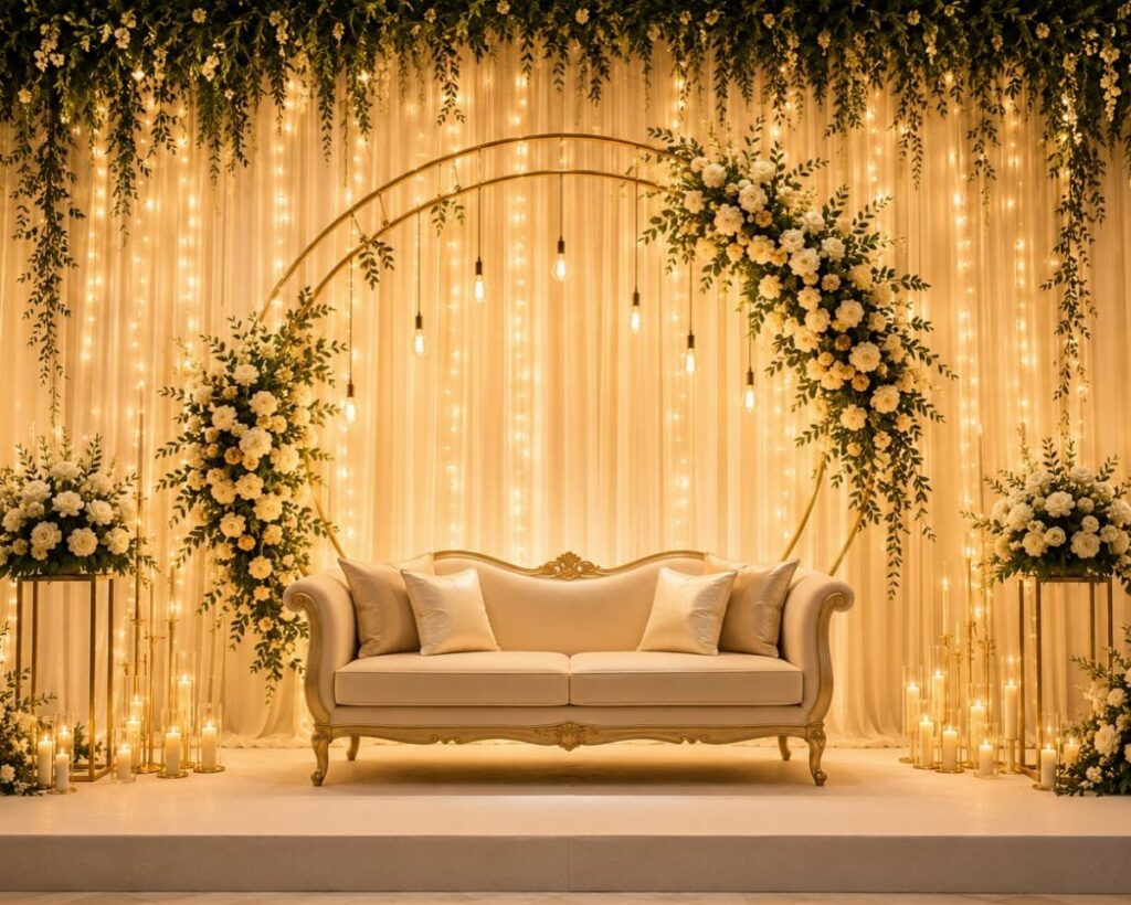 Cream sofa on a wedding stage with gold arch, white flowers, and fairy lights.
