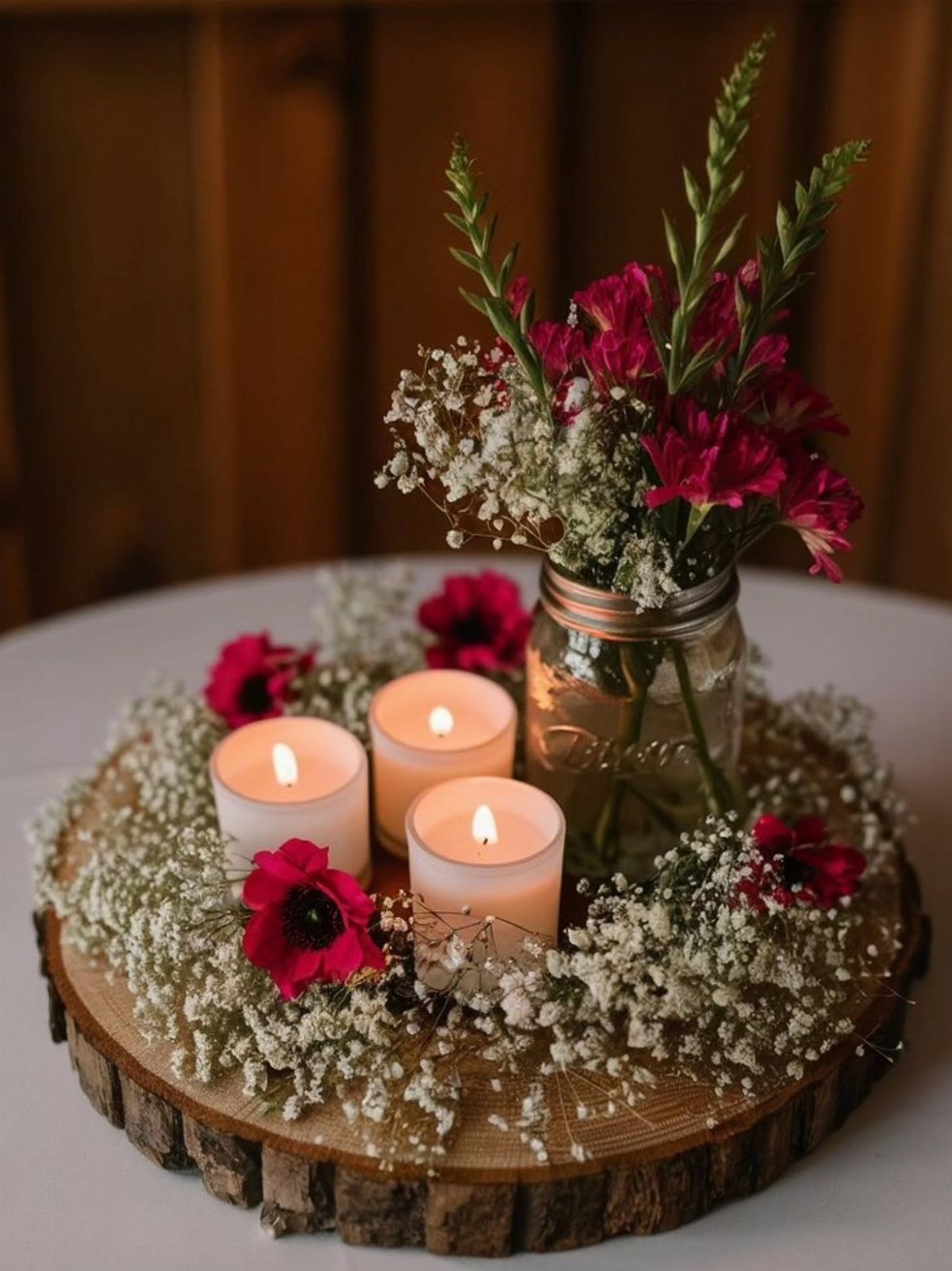 Rustic wedding centerpiece with red flowers, white candles, and baby's breath on wood slice.
