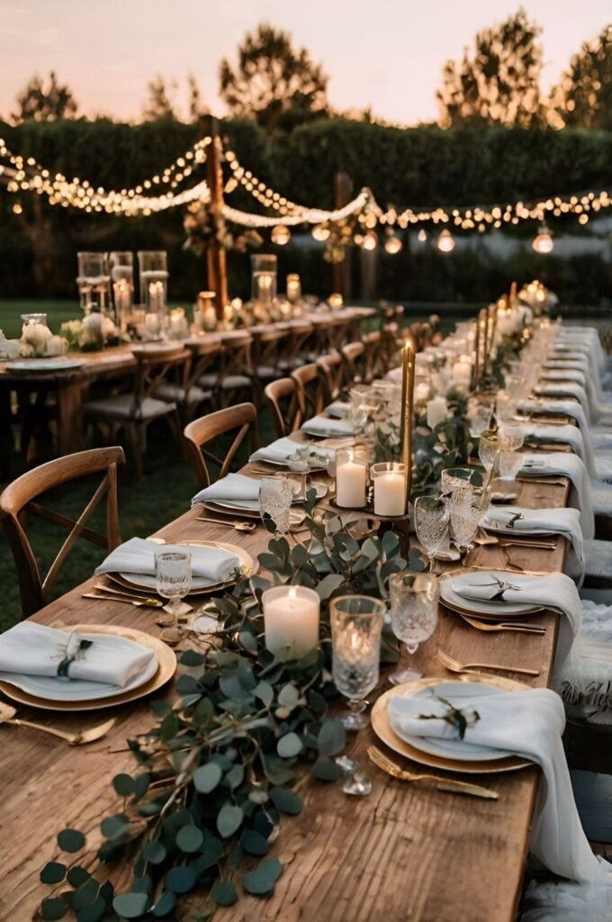 Long wooden wedding table with gold plates, white napkins, and eucalyptus greenery runner.