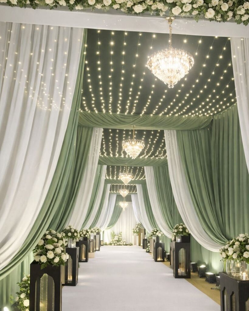 Wedding tent interior with sage green and white drapes, chandeliers, and floral arrangements.
