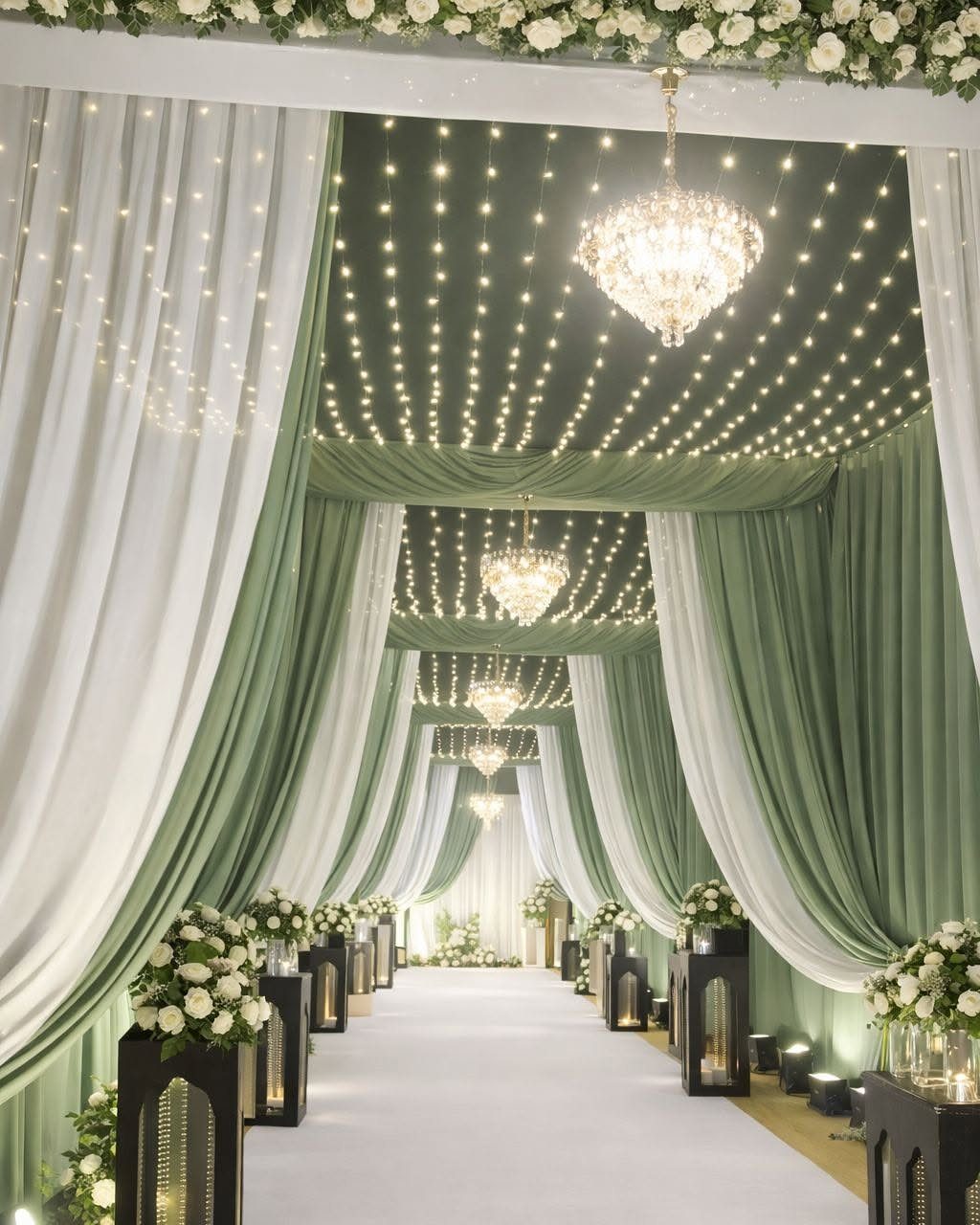 Wedding tent interior with sage green and white drapes, chandeliers, and floral arrangements.