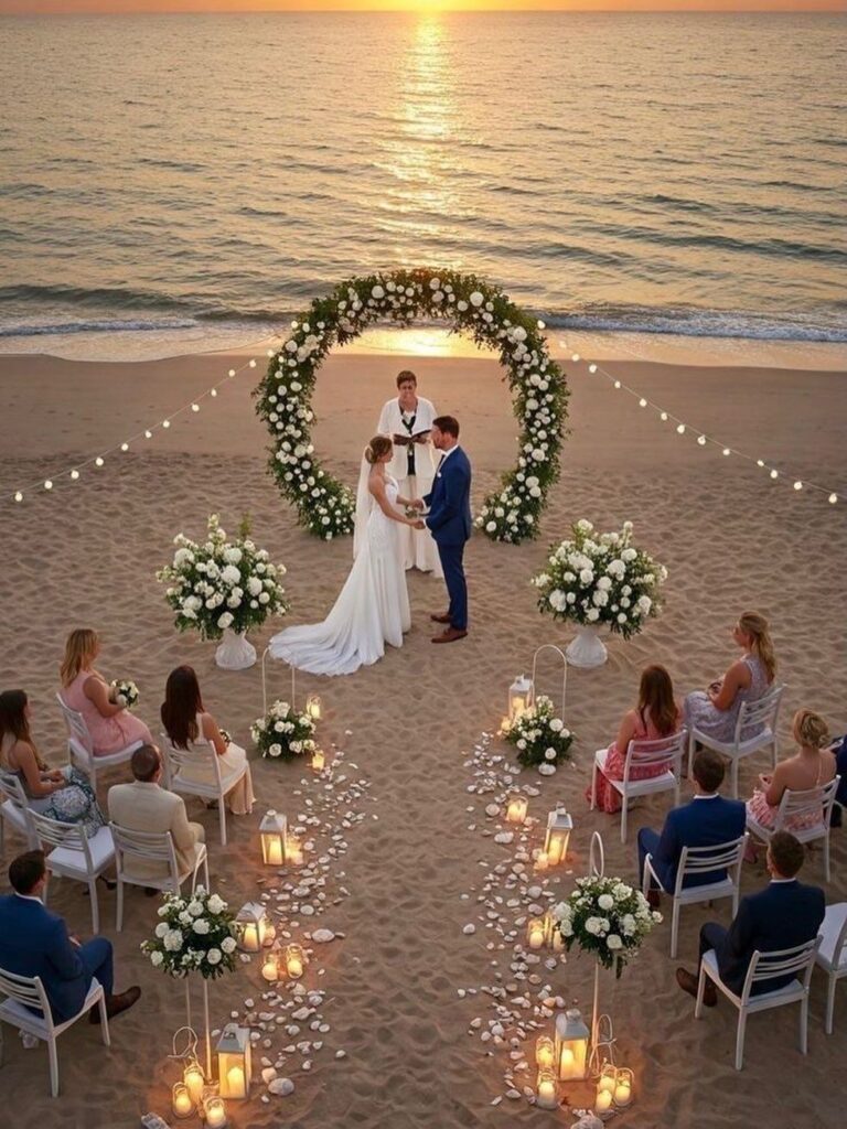 Wedding ceremony on a beach at sunset with a circular white flower arch.