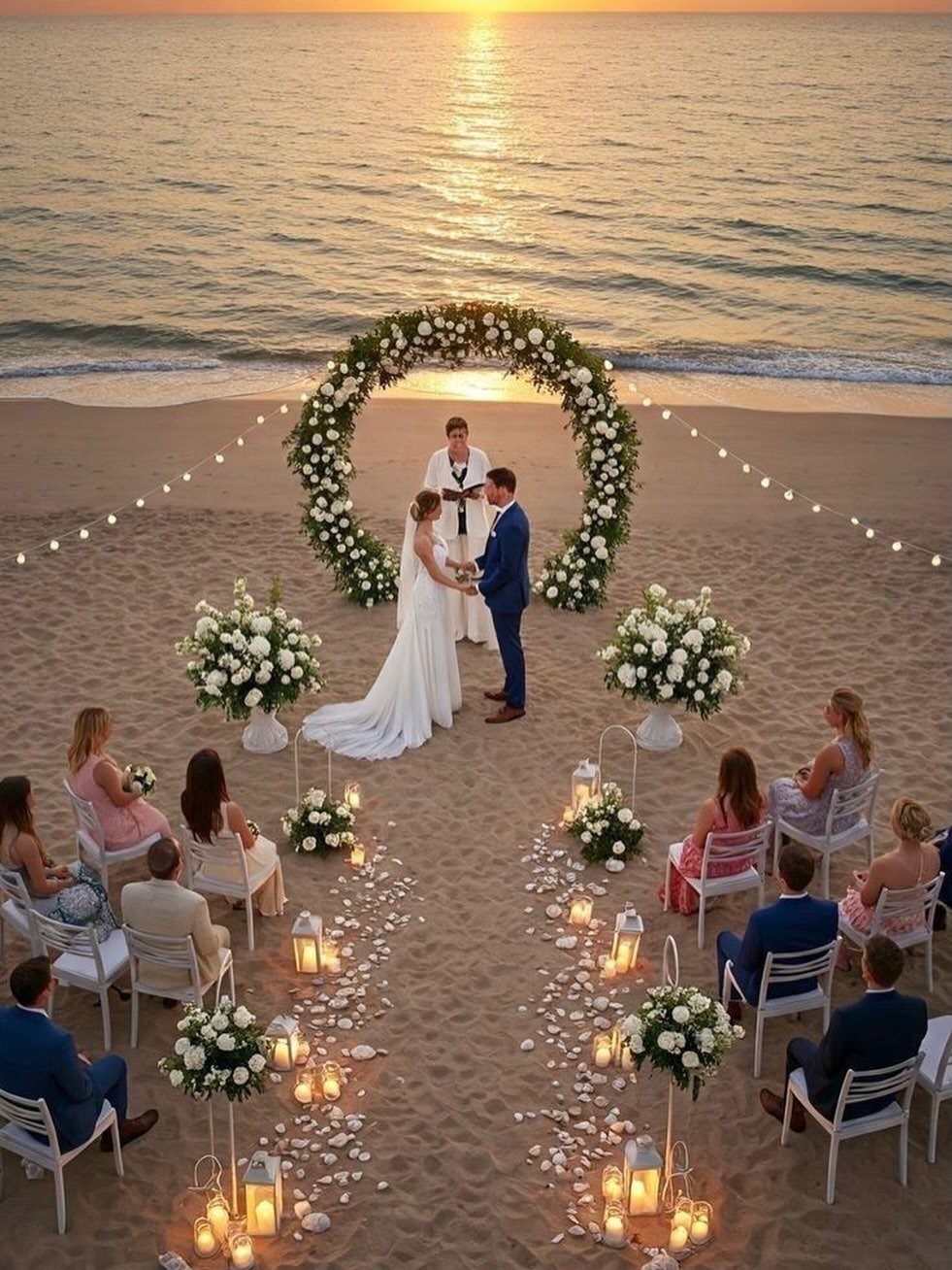 Wedding ceremony on a beach at sunset with a circular white flower arch.