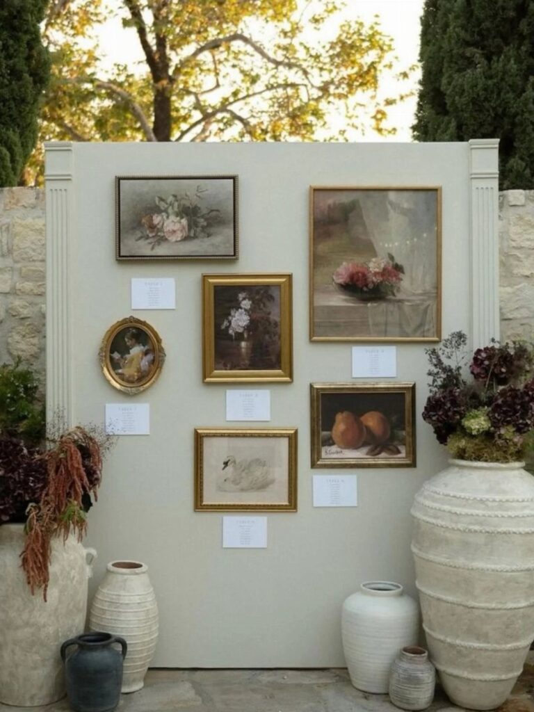 Vintage framed paintings on a grey wall with large textured ceramic vases and florals
