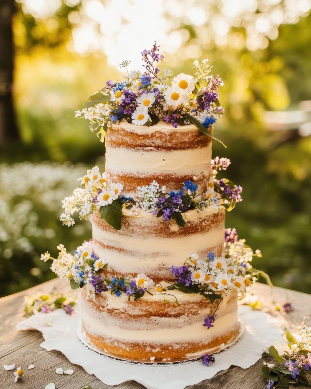 Three-tier naked wedding cake decorated with colorful wildflowers on a rustic wooden table.